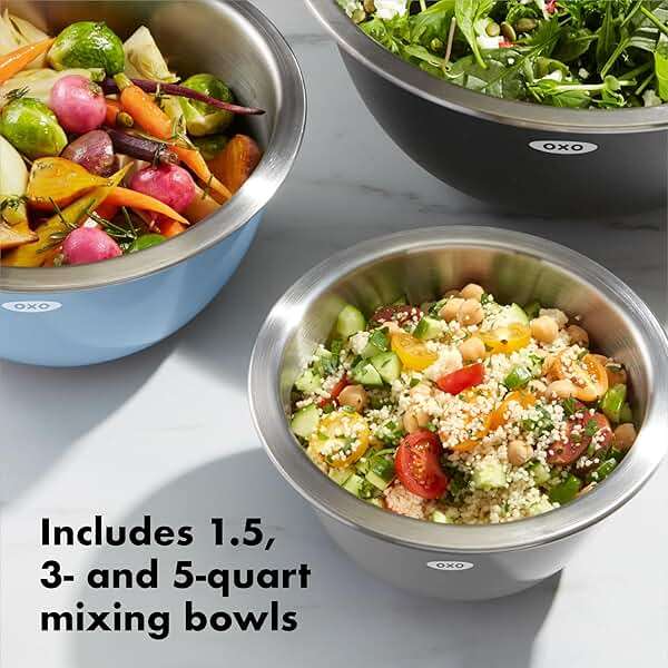 OXO Good Grips 3-Piece Stainless Steel Mixing Bowl Set - Blue/Gray - Image 3
