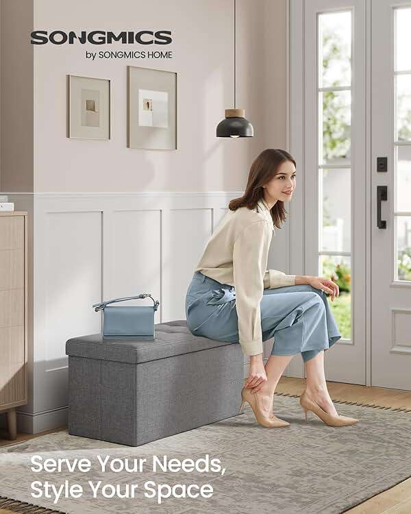 SONGMICS MAZIE Collection - 30 Inches Folding Storage Ottoman Bench, Ottoman Foot Rest, End of Bed Bench, Storage Chest, Load 660 lb, for Living Room, Bedroom, Entryway, Light Gray ULSF47G - Image 4