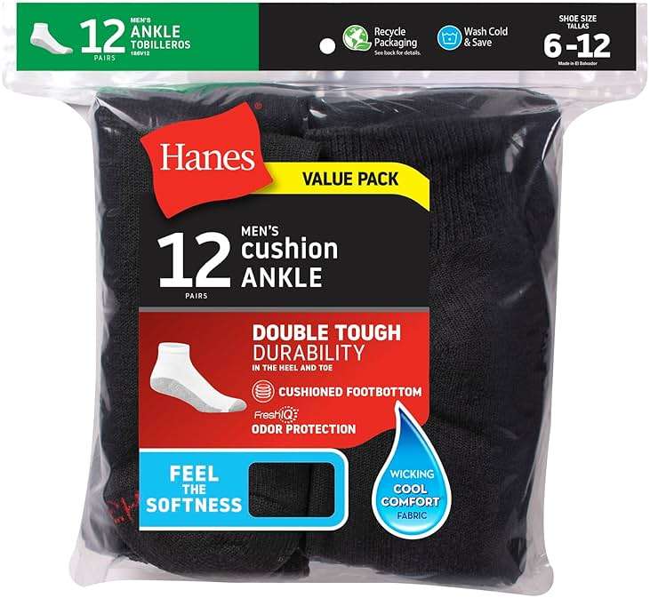 Hanes Men's Double Tough Socks, Crew and Ankle Moisturing Wicking Socks, Black & White, Multi-Packs - Image 3