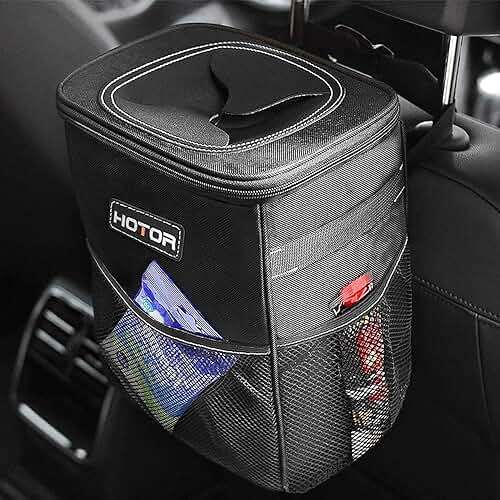 HOTOR Car Trash Can with Lid and Storage Pockets - 100% Leak-Proof Organizer, Waterproof Garbage Can, Multipurpose Trash Bin for Car, 2 Gallons, Black - Image 1