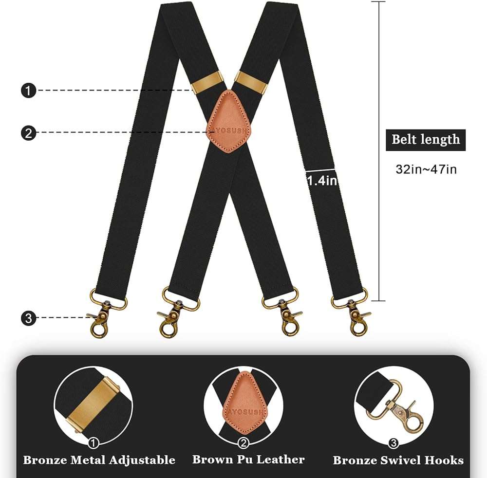 AYOSUSH Vintage Suspenders for Men Heavy Duty 4 Snap Hooks for Belt Loops Adjustable X Back - Image 2