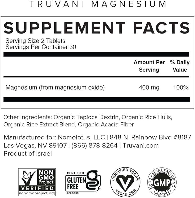 Truvani Magnesium 400mg Oxide Tablets | 60 Tablets | Supports Calm and Sleep, Healthy Bones, Muscle Health, Digestive Health | Non-GMO, Vegan Pills - Image 2