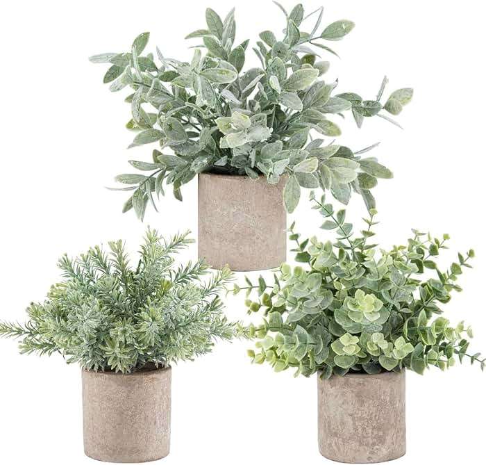 Der Rose 3 Pack Mini Potted Fake Plants Artificial Plastic Eucalyptus Plants Topiaries for Home Office Desk Farmhouse Shelf Room Bathroom Decor(Sage Green) - Image 1