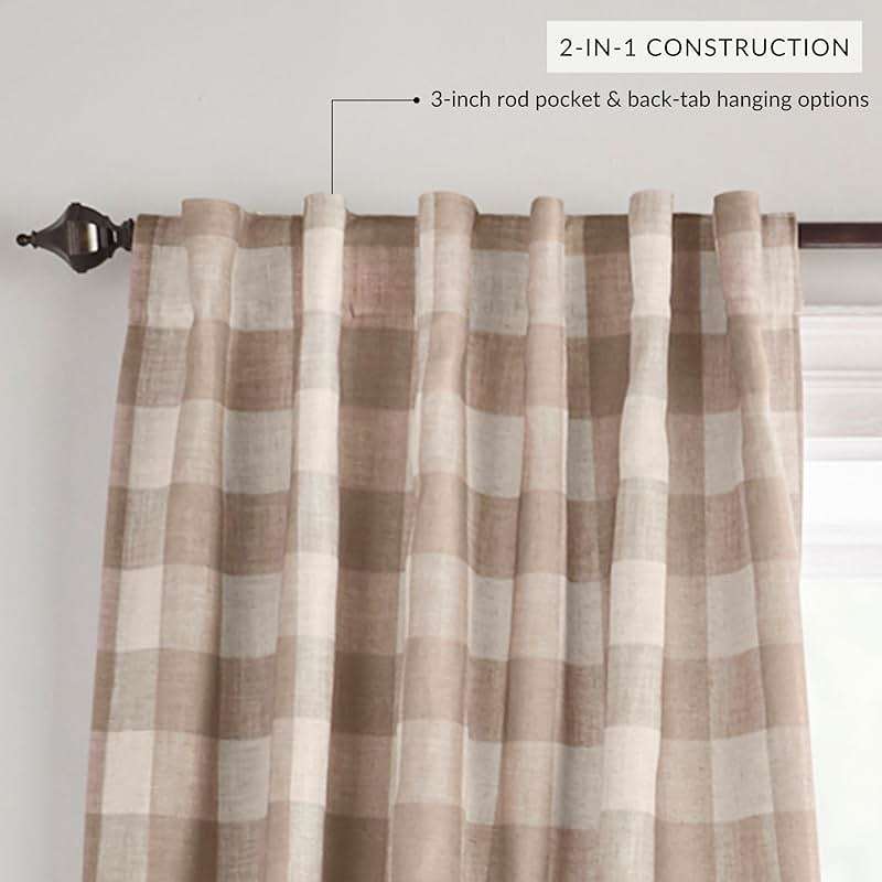 Elrene Home Fashions Farmhouse Living Grainger Buffalo-Check Blackout Window Curtain, Living Room and Bedroom Drape with Rod Pocket Tabs, 52" x 84", Linen, 1 Panel - Image 2