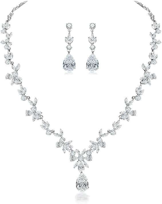 Hadskiss Jewelry Set for Women, Necklace Dangle Earrings Bracelet Set with White AAA Cubic Zirconia, Allergy Free Wedding Party Jewelry for Bridal Bridesmaid - Image 1