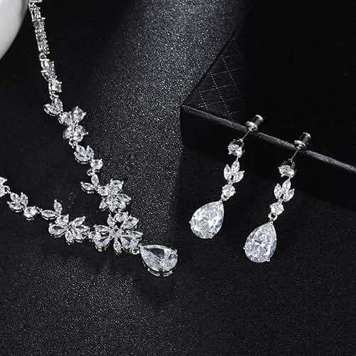 Hadskiss Jewelry Set for Women, Necklace Dangle Earrings Bracelet Set with White AAA Cubic Zirconia, Allergy Free Wedding Party Jewelry for Bridal Bridesmaid - Image 3