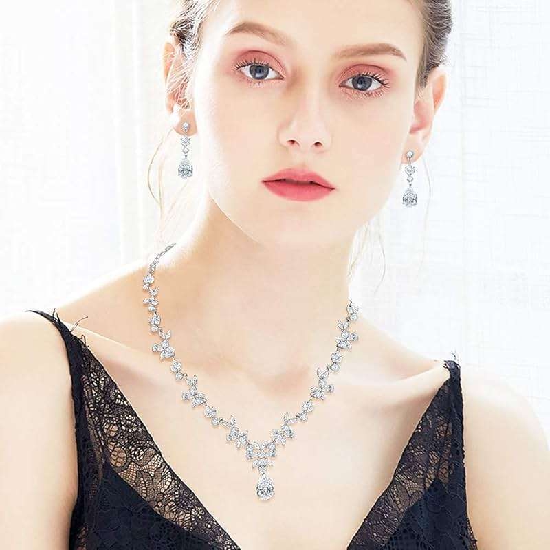Hadskiss Jewelry Set for Women, Necklace Dangle Earrings Bracelet Set with White AAA Cubic Zirconia, Allergy Free Wedding Party Jewelry for Bridal Bridesmaid - Image 4