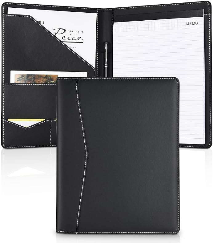 Pacific Mailer Padfolio Portfolio Leather Binder, Interview Legal Document Organizer, Business Card Holder Included Letter Sized Writing Pad [Piano Noir Faux Leather Matte Finish] - Image 1