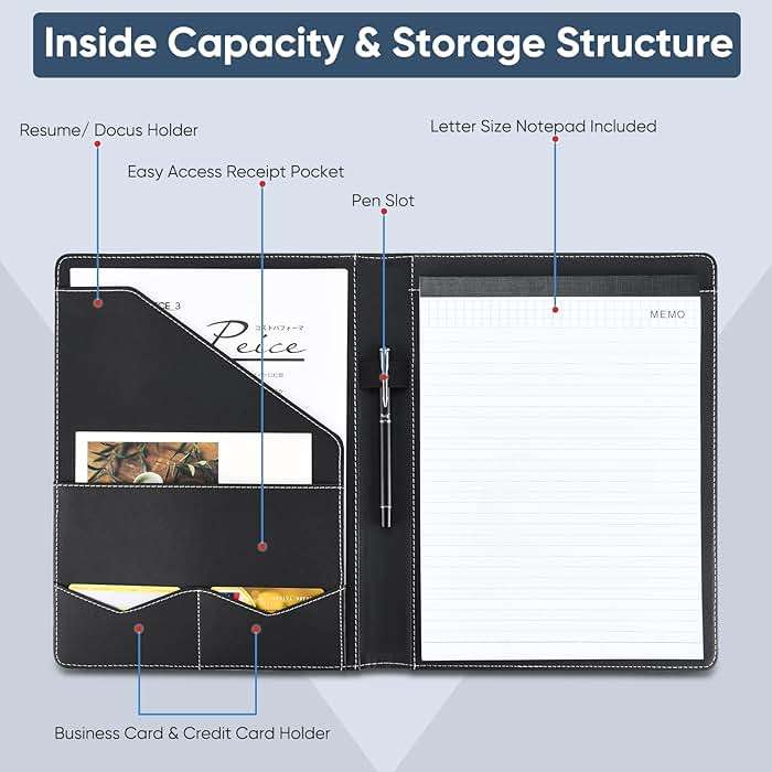 Pacific Mailer Padfolio Portfolio Leather Binder, Interview Legal Document Organizer, Business Card Holder Included Letter Sized Writing Pad [Piano Noir Faux Leather Matte Finish] - Image 3