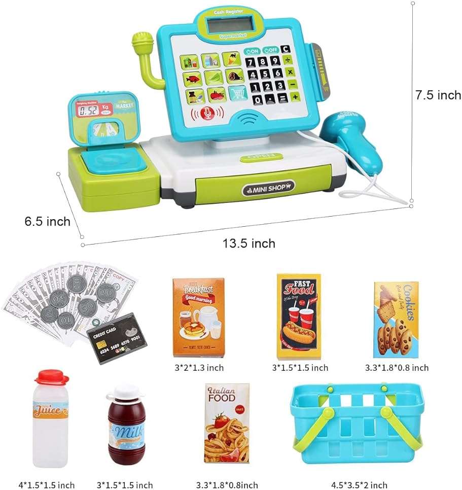 FS Pretend Play Calculator Cash Register Toy as Preschool Gift for Kids, Classic Count Toy with Sound, Microphone, Scanner, Pretend Credit Card, Play Food for Boys & Girls,45 Pieces, Ages 3 4 5 6 7 - Image 3