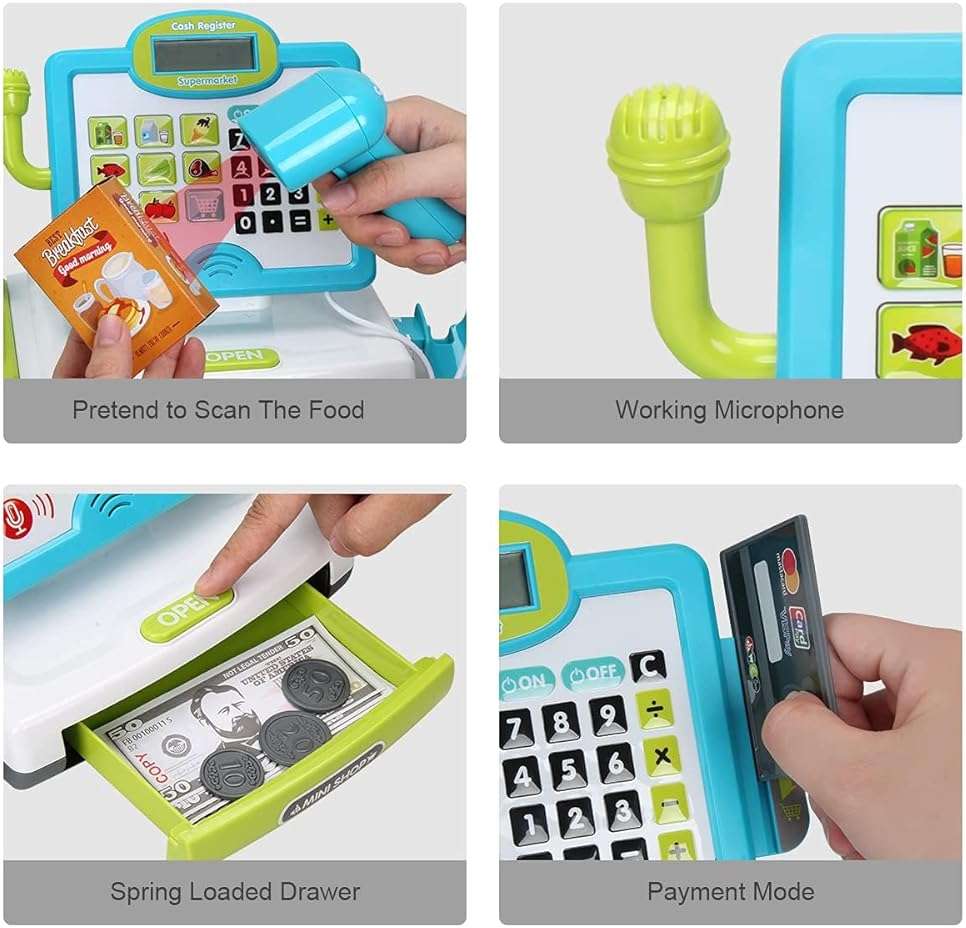 FS Pretend Play Calculator Cash Register Toy as Preschool Gift for Kids, Classic Count Toy with Sound, Microphone, Scanner, Pretend Credit Card, Play Food for Boys & Girls,45 Pieces, Ages 3 4 5 6 7 - Image 4
