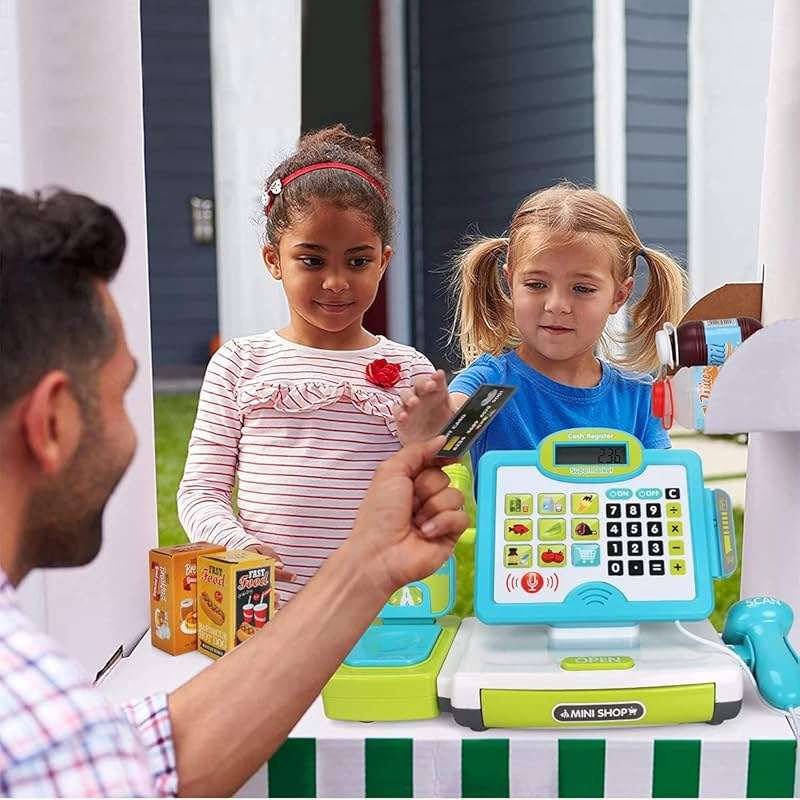 FS Pretend Play Calculator Cash Register Toy as Preschool Gift for Kids, Classic Count Toy with Sound, Microphone, Scanner, Pretend Credit Card, Play Food for Boys & Girls,45 Pieces, Ages 3 4 5 6 7 - Image 5