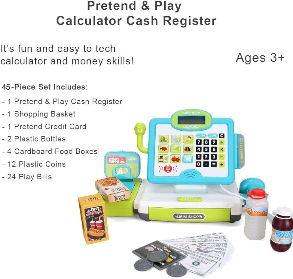 FS Pretend Play Calculator Cash Register Toy as Preschool Gift for Kids, Classic Count Toy with Sound, Microphone, Scanner, Pretend Credit Card, Play Food for Boys & Girls,45 Pieces, Ages 3 4 5 6 7 - Image 6