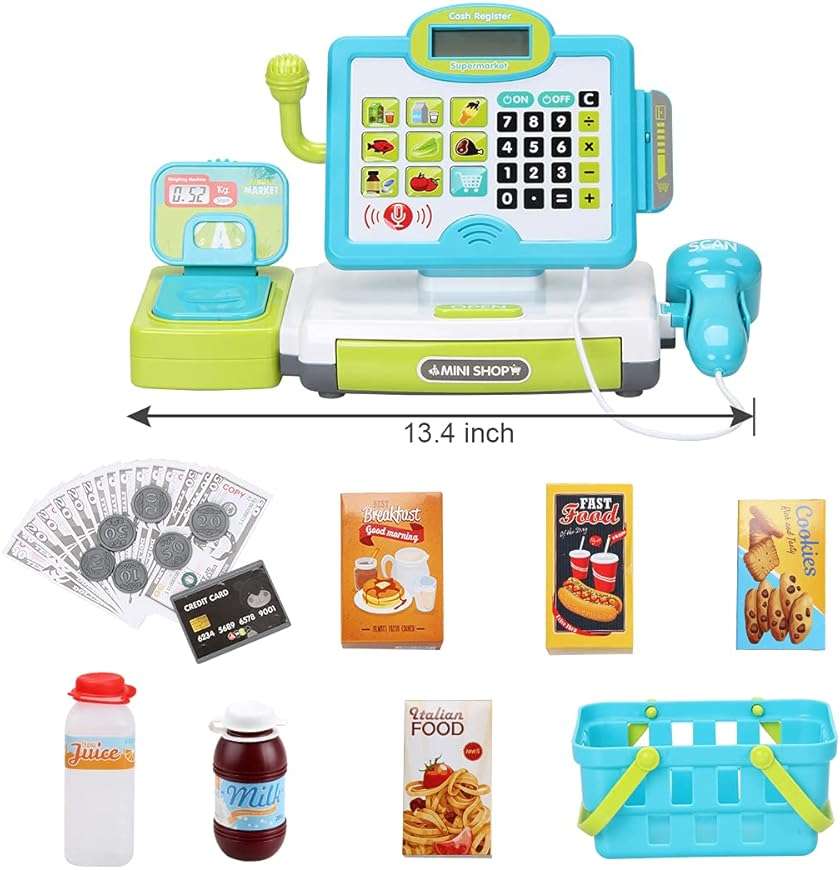 FS Pretend Play Calculator Cash Register Toy as Preschool Gift for Kids, Classic Count Toy with Sound, Microphone, Scanner, Pretend Credit Card, Play Food for Boys & Girls,45 Pieces, Ages 3 4 5 6 7 - Image 7