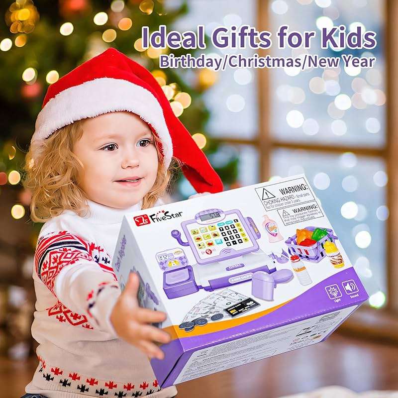 FS Pretend Play Calculator Cash Register Toy as Preschool Gift for Kids, Classic Count Toy with Sound, Microphone, Scanner, Pretend Credit Card, Play Food for Boys & Girls,45 Pieces, Ages 3 4 5 6 7 - Image 8