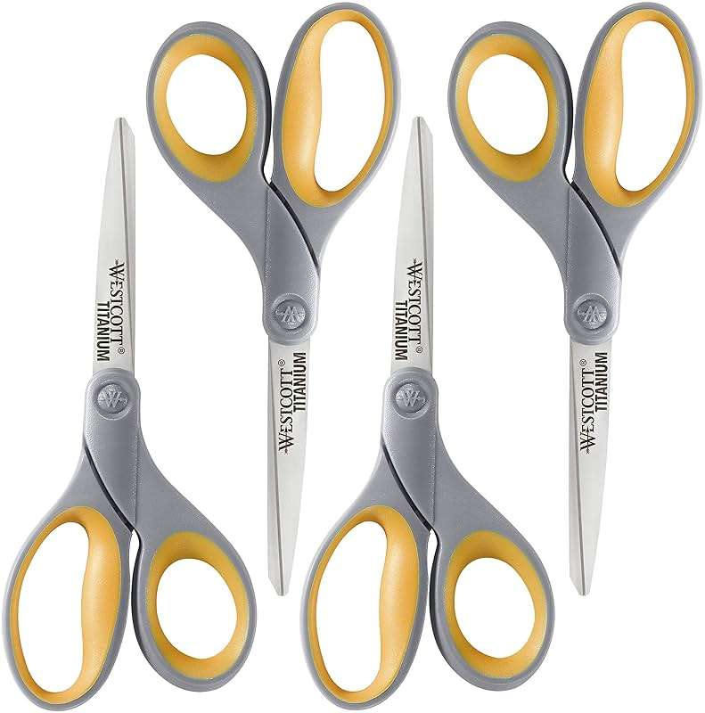 Westcott 8-Inch Titanium Bonded Scissors for Home, Office, and Classroom - Perfect for Cutting Paper, Sewing, and Crafts - Heavy-Duty Design with Soft Handle - Gray/Yellow - 4-Pack - Image 1