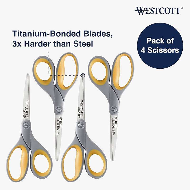 Westcott 8-Inch Titanium Bonded Scissors for Home, Office, and Classroom - Perfect for Cutting Paper, Sewing, and Crafts - Heavy-Duty Design with Soft Handle - Gray/Yellow - 4-Pack - Image 4