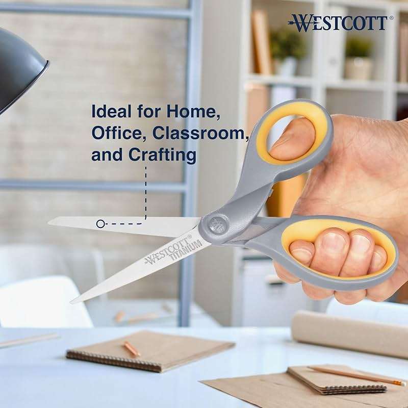 Westcott 8-Inch Titanium Bonded Scissors for Home, Office, and Classroom - Perfect for Cutting Paper, Sewing, and Crafts - Heavy-Duty Design with Soft Handle - Gray/Yellow - 4-Pack - Image 6