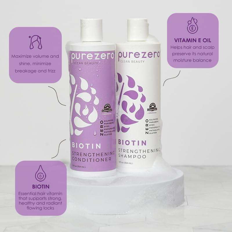 Purezero Biotin Shampoo & Conditioner Set - Anti Thinning Formula - Volumizing, Thicker, Fuller Hair - Zero Sulfates, Parabens, Dyes, Gluten - 100% Vegan & Cruelty Free (12 Fl Oz (Pack of 2)) - Image 5