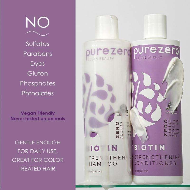 Purezero Biotin Shampoo & Conditioner Set - Anti Thinning Formula - Volumizing, Thicker, Fuller Hair - Zero Sulfates, Parabens, Dyes, Gluten - 100% Vegan & Cruelty Free (12 Fl Oz (Pack of 2)) - Image 6