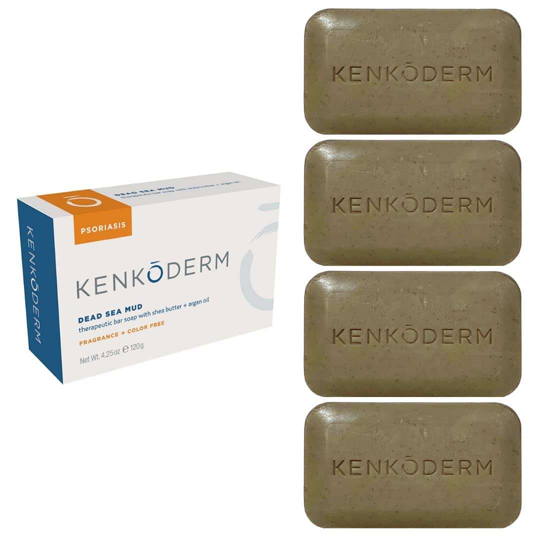 Kenkoderm Psoriasis Dead Sea Mud Soap with Argan Oil & Shea Butter, Natural Exfoliating Body & Face Cleanser for Sensitive Skin, Fragrance & Color-Free, 4.25 Ounce, 4 Bars - Image 1