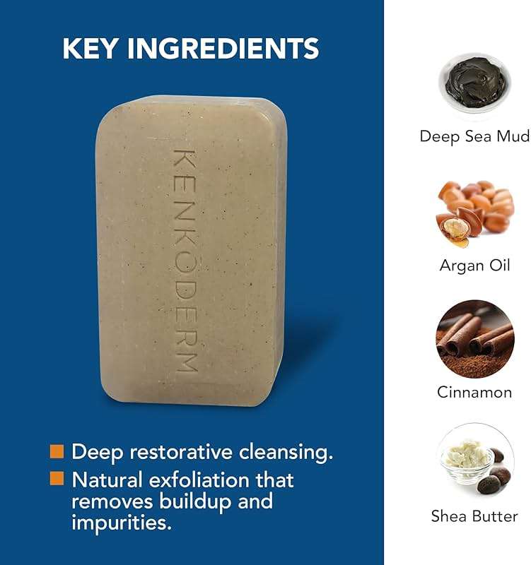 Kenkoderm Psoriasis Dead Sea Mud Soap with Argan Oil & Shea Butter, Natural Exfoliating Body & Face Cleanser for Sensitive Skin, Fragrance & Color-Free, 4.25 Ounce, 4 Bars - Image 3