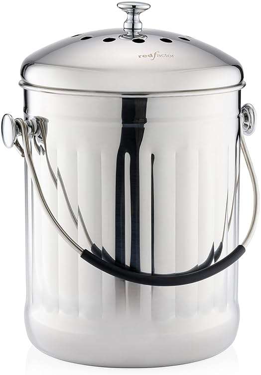 RED FACTOR Premium Compost Bin for Kitchen Countertop - Stainless Steel Food Waste Bucket with Innovative Dual Filter Technology - Includes Spare Filters (Brilliant Steel, 1.3 Gallon) - Image 1