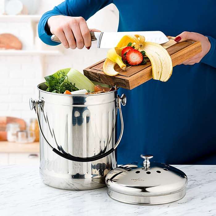 RED FACTOR Premium Compost Bin for Kitchen Countertop - Stainless Steel Food Waste Bucket with Innovative Dual Filter Technology - Includes Spare Filters (Brilliant Steel, 1.3 Gallon) - Image 2