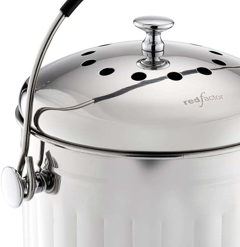 RED FACTOR Premium Compost Bin for Kitchen Countertop - Stainless Steel Food Waste Bucket with Innovative Dual Filter Technology - Includes Spare Filters (Brilliant Steel, 1.3 Gallon) - Image 3