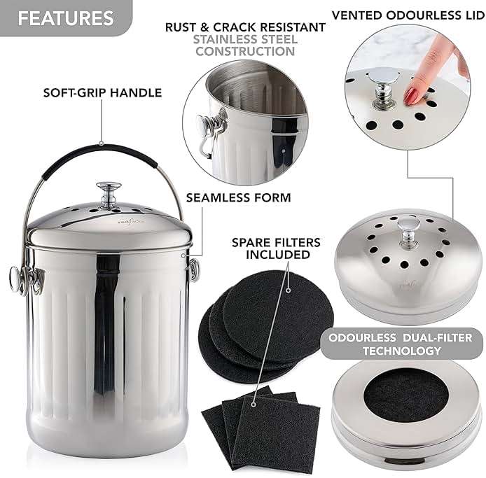 RED FACTOR Premium Compost Bin for Kitchen Countertop - Stainless Steel Food Waste Bucket with Innovative Dual Filter Technology - Includes Spare Filters (Brilliant Steel, 1.3 Gallon) - Image 6