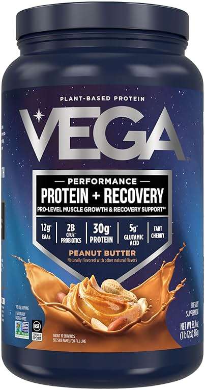 Vega Protein + Recovery, Peanut Butter – 30g Vegan Protein, Dairy & Gluten Free, Probiotics, NSF Certified, 28.8 oz (19 Servings) - Image 1