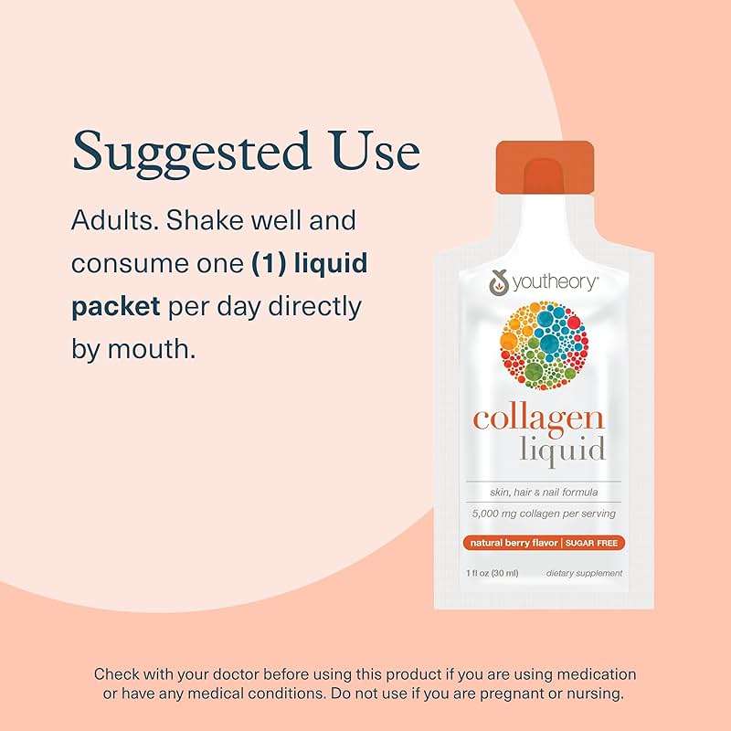 Youtheory Collagen Liquid - 5,000 mg Hydrolyzed Collagen Peptides - Supports Hair, Nail, Joint & Bone Health* - Berry Flavor - 1 oz Single Serve Packet, Pack of 12 - Image 6