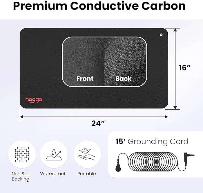 hooga Grounding Mat for Feet, Desk & Floor | Sleep, Stress Relief & Muscle Relaxation | 24"x16" Conductive Carbon Pad | 15 Ft Cord | Non-Slip Rubber Backing | Indoor Grounding Mat - Image 3