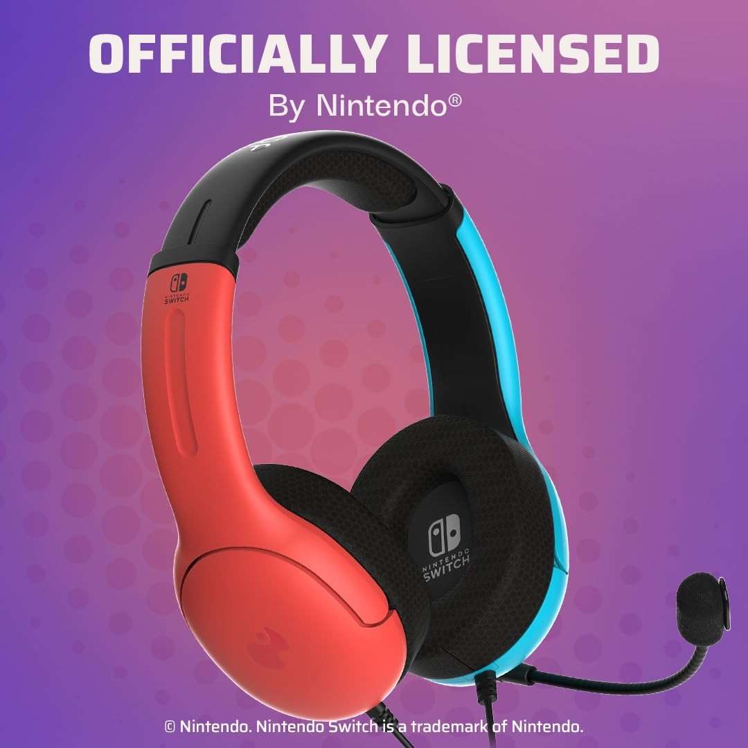 PDP Gaming LVL40 Airlite Stereo Headset for Nintendo Switch/Lite/OLED - Wired Power Noise Cancelling Microphone, Lightweight Soft Comfort On Ear Headphones (Mario Neon - Red & Blue) - Image 5