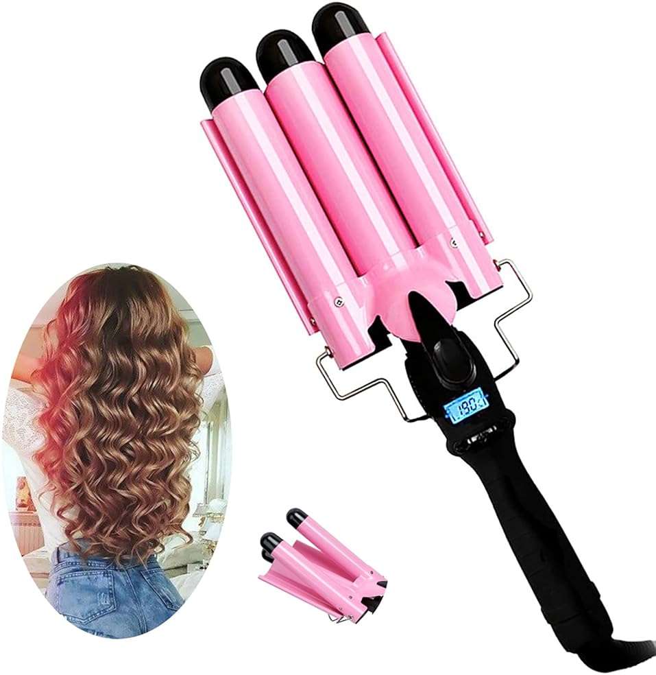 3 Triple Barrel Ceramic Tourmaline Curling Iron Wand with LCD Temperature Display - 1 Inch Crimping Waver, Dual Voltage - Image 1