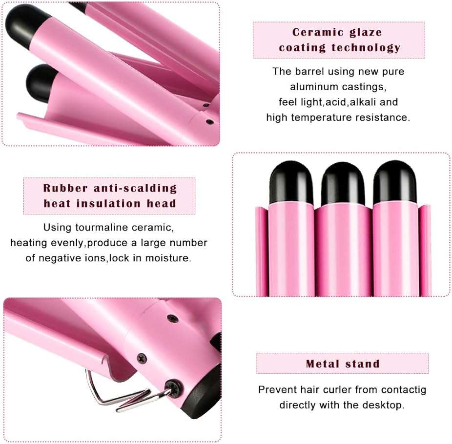 3 Triple Barrel Ceramic Tourmaline Curling Iron Wand with LCD Temperature Display - 1 Inch Crimping Waver, Dual Voltage - Image 3