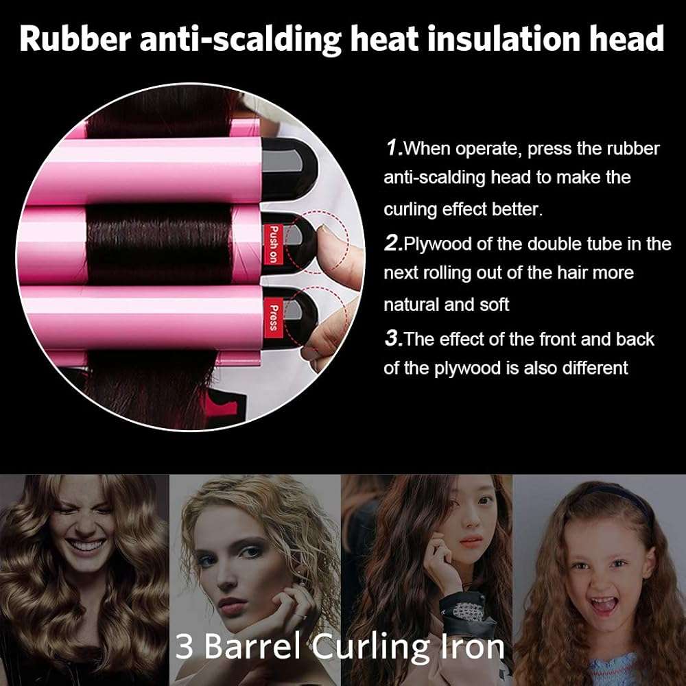 3 Triple Barrel Ceramic Tourmaline Curling Iron Wand with LCD Temperature Display - 1 Inch Crimping Waver, Dual Voltage - Image 6