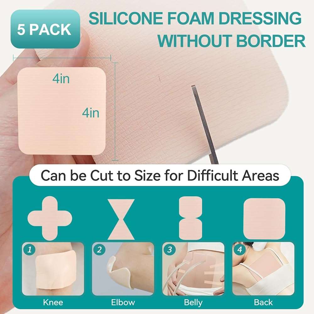 Dimora Silicone Foam Dressing Without Border 4"x 4" Highly Absorbent Adhesive Wound Bandage Cuttable Pads First Aid Bandage for Wound Care 5 Pack - Image 3