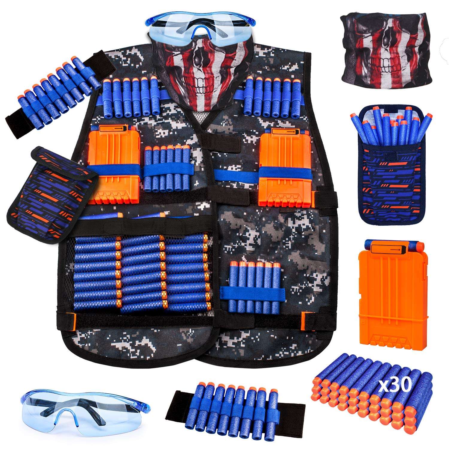KKONES Kids Tactical Vest Kit for Nerf Guns Series with Refill Darts,Dart Pouch, Reload Clips, Tactical Mask, Wrist Band and Protective Glasses, Toys for 8 9 10 11 12 Year Boys - Image 1