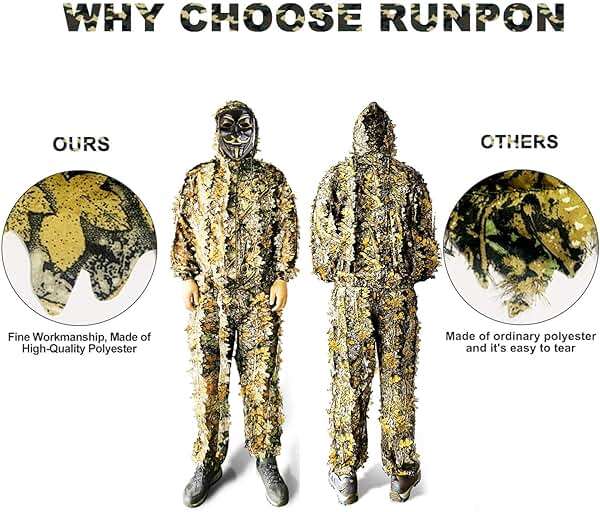 Runpon Ghillie Suit Outdoor Leafy Suit for Hunting Super Lightweight Hooded Camouflage Including Clothes Gloves Face Mask and Bag - Image 2