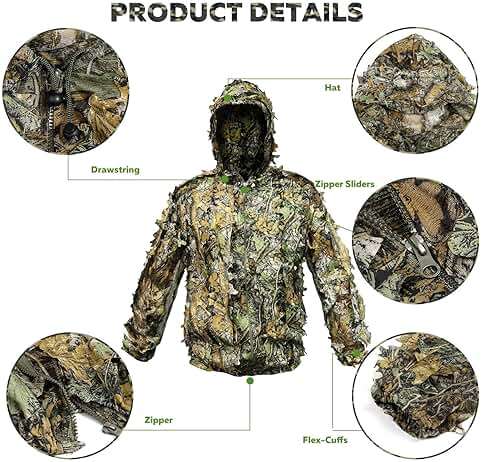 Runpon Ghillie Suit Outdoor Leafy Suit for Hunting Super Lightweight Hooded Camouflage Including Clothes Gloves Face Mask and Bag - Image 3