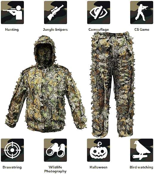 Runpon Ghillie Suit Outdoor Leafy Suit for Hunting Super Lightweight Hooded Camouflage Including Clothes Gloves Face Mask and Bag - Image 5
