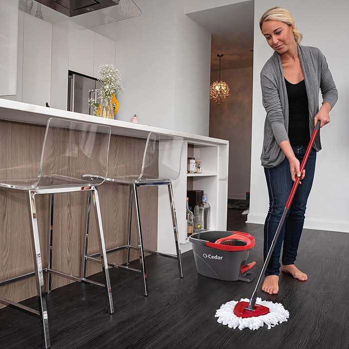 O-Cedar EasyWring Microfiber Spin Mop & Bucket Floor Cleaning System + 2 Extra Refills, Red/Gray - Image 2