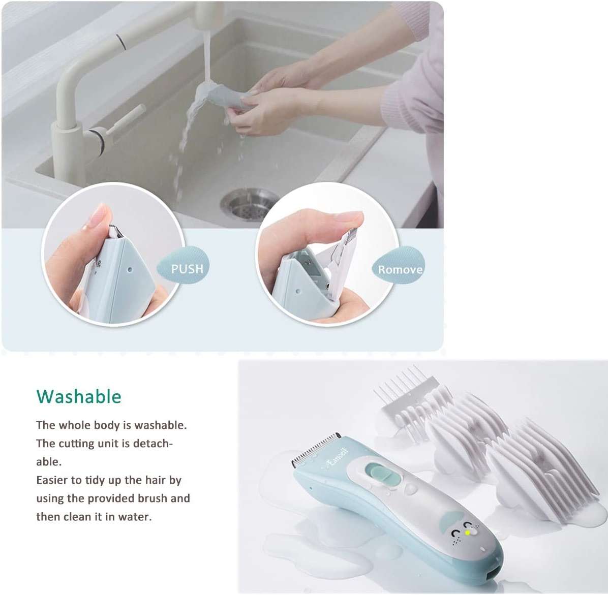 Eanceil Baby Hair Clippers, Ceramic Blade Electric Kids Hair Trimmer, Ultra-Quiet Cordless Rechargeable Waterproof Haircut Kit for Kids & Adult - Image 7