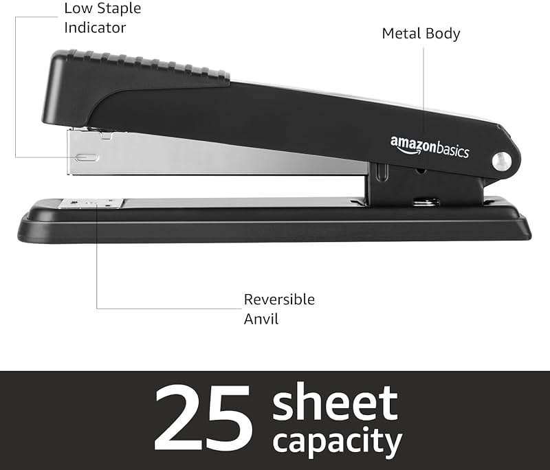 Amazon Basics Full-Strip Metal Office Desktop Stapler, 20 Sheet Capacity, Non-Slip, Black, 3-Pack - Image 4