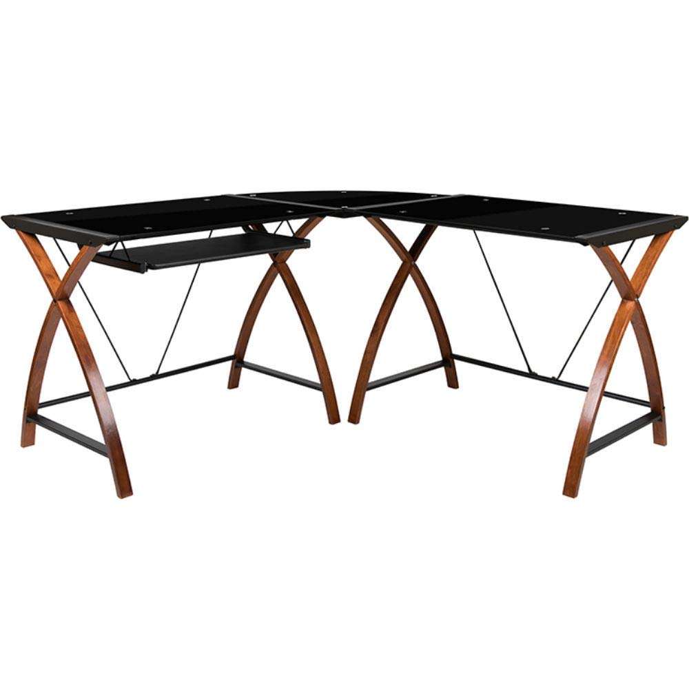 Flash Furniture Jude Black Glass L-Shape Corner Computer Desk with Pull-Out Keyboard Tray - Image 1
