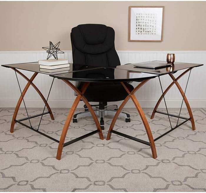 Flash Furniture Jude Black Glass L-Shape Corner Computer Desk with Pull-Out Keyboard Tray - Image 2