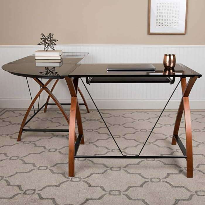 Flash Furniture Jude Black Glass L-Shape Corner Computer Desk with Pull-Out Keyboard Tray - Image 4