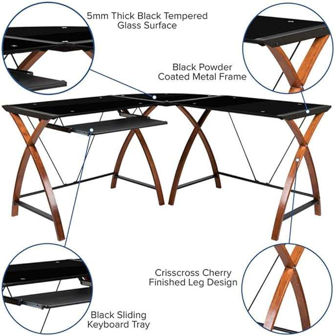 Flash Furniture Jude Black Glass L-Shape Corner Computer Desk with Pull-Out Keyboard Tray - Image 9
