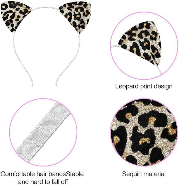 Lirila Cosplay Leopard Sequin Black Cat Ears Headband for women,Leopard Print, cheetah ears Headbands Party Decoration, Halloween costume for women adult Pack of 5(Multicolor) - Image 2